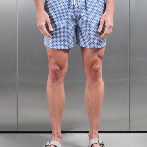 Capri Drawstring Printed Shell Swim Short in Light Blue