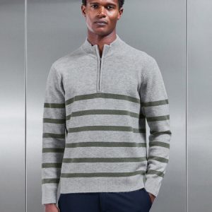 Chunky Wool Stripe Half Zip in Marl Grey