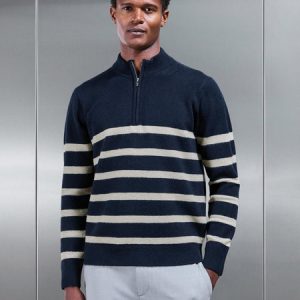 Chunky Wool Stripe Half Zip in Navy