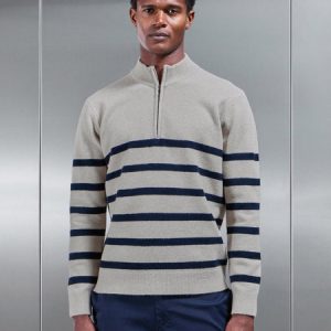 Chunky Wool Stripe Half Zip in Stone