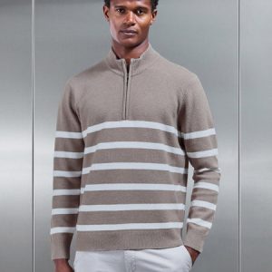 Chunky Wool Stripe Half Zip in Taupe