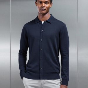 Cotton Knitted Button Through Shirt in Navy