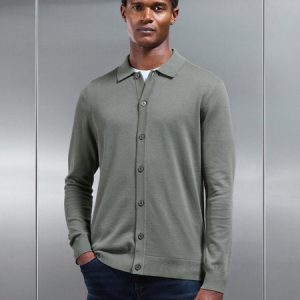 Cotton Knitted Button Through Shirt in Sage