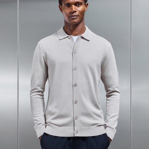 Cotton Knitted Button Through Shirt in Stone