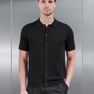 Cotton Knitted Button Through Short Sleeve Shirt in Black