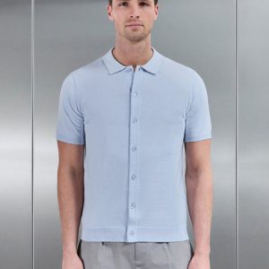 Cotton Knitted Button Through Short Sleeve Shirt in Light Blue