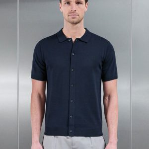 Cotton Knitted Button Through Short Sleeve Shirt in Navy