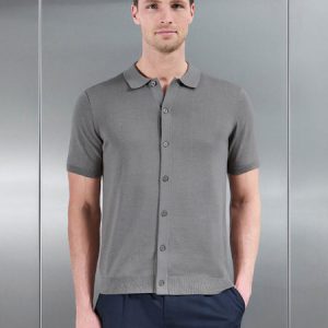 Cotton Knitted Button Through Short Sleeve Shirt in Sage