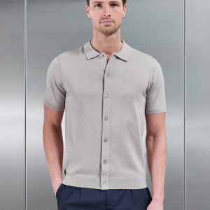 Cotton Knitted Button Through Short Sleeve Shirt in Stone