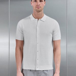 Cotton Knitted Button Through Short Sleeve Shirt in White