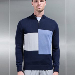 Cotton Knitted Colour Block Half Zip in Navy