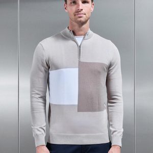 Cotton Knitted Colour Block Half Zip in Stone