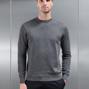 Cotton Knitted Crew Neck Sweatshirt in Charcoal Marl
