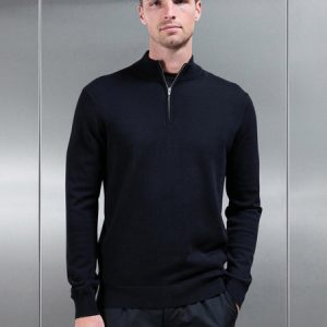 Cotton Knitted Half Zip Funnel Neck Jumper in Black