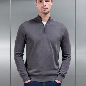 Cotton Knitted Half Zip Funnel Neck Jumper in Grey