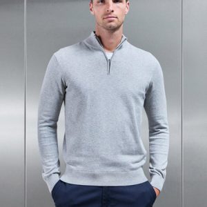 Cotton Knitted Half Zip Funnel Neck Jumper in Marl Grey