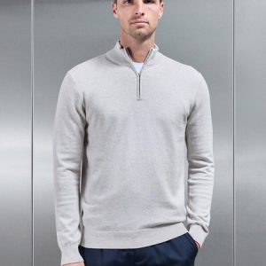 Cotton Knitted Half Zip Funnel Neck Jumper in Oatmeal