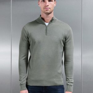 Cotton Knitted Half Zip Funnel Neck Jumper in Sage