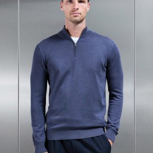 Cotton Knitted Half Zip Funnel Neck Jumper in Slate Blue