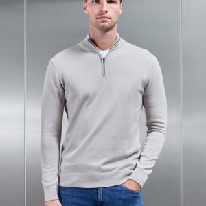 Cotton Knitted Half Zip Funnel Neck Jumper in Stone