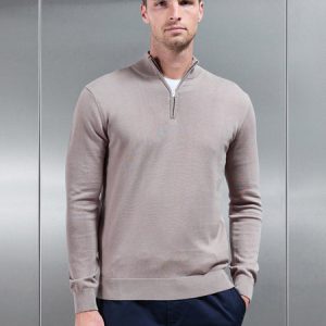 Cotton Knitted Half Zip Funnel Neck Jumper in Taupe