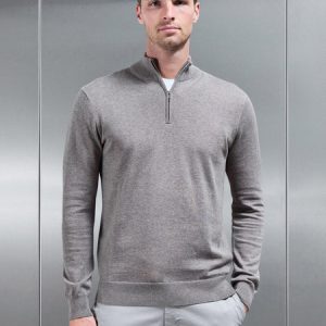 Cotton Knitted Half Zip Funnel Neck Jumper in Taupe Marl