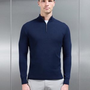 Cotton Knitted Half Zip Funnel Neck Jumper in Navy