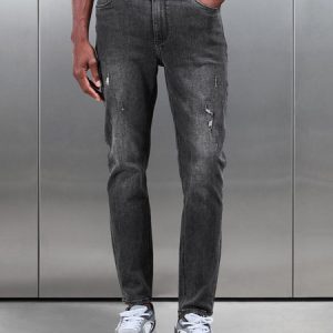Distressed Denim Jeans in Grey Wash