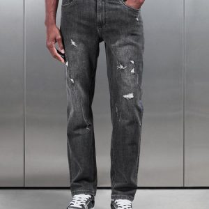 Distressed Straight Leg Denim Jeans in Grey Wash