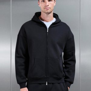 Essential Relaxed Fit Zip Through Hoodie in Black