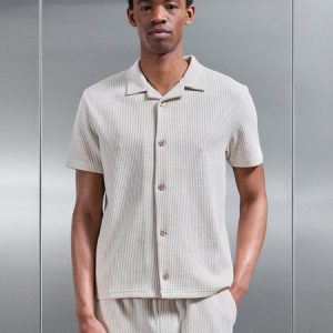 Forde Knitted Stripe Revere Collar Shirt in Stone