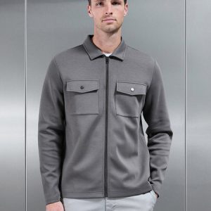Interlock Jersey Pocket Zip Through Overshirt in Charcoal