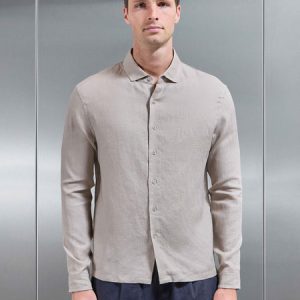 Linen Long Sleeve Cutaway Collar Shirt in Stone