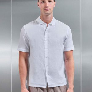 Linen Short Sleeve Cutaway Collar Shirt in White