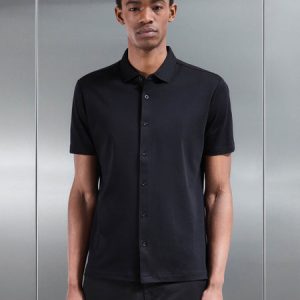 Mercerised Interlock Button Through Shirt in Black