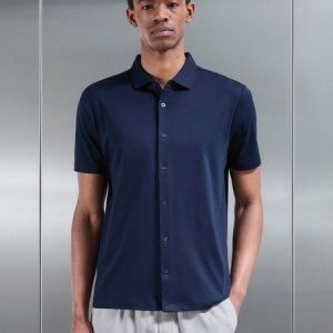 Mercerised Interlock Button Through Shirt in Navy