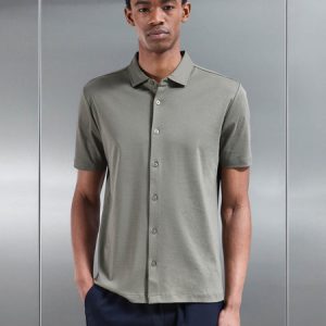 Mercerised Interlock Button Through Shirt in Sage