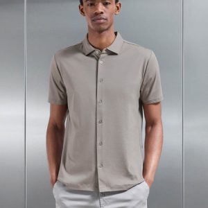 Mercerised Interlock Button Through Shirt in Taupe