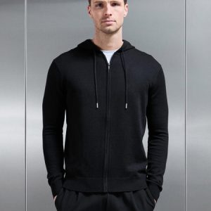 Mercerised Knitted Zip Hoodie in Black