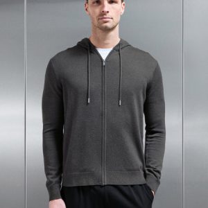 Mercerised Knitted Zip Hoodie in Charcoal Marl