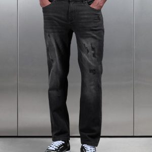 Distressed Straight Leg Denim Jeans in Black Wash