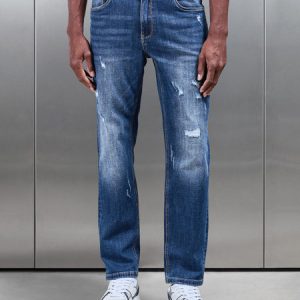 Distressed Straight Leg Denim Jeans in Mid Blue