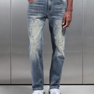 Distressed Straight Leg Denim Jeans in Sand Wash