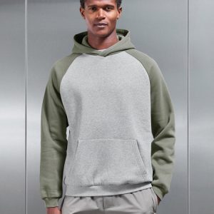 Neoprene Raglan Colour Block Hoodie in Olive Marl Grey