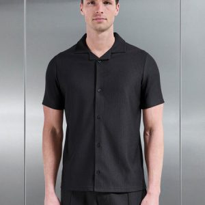 Pleated Revere Collar Shirt in Black