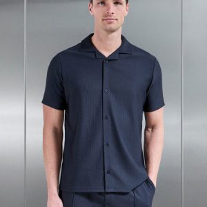 Pleated Revere Collar Shirt in Navy