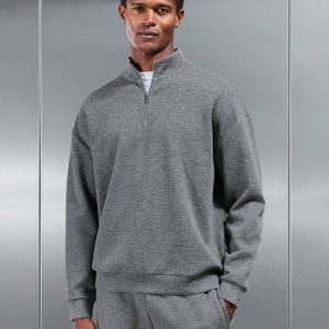 Relaxed Fit Knitted Half Zip in Charcoal Marl