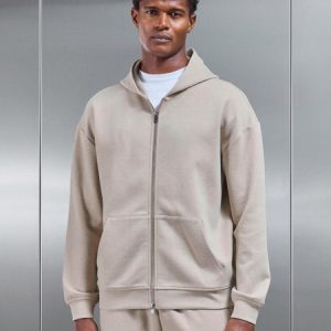 Relaxed Fit Knitted Zip Through Hoodie in Beige