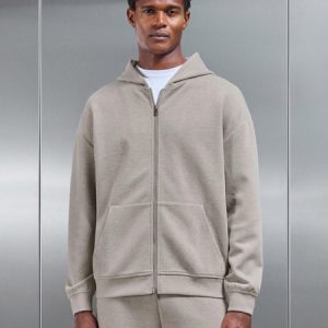 Relaxed Fit Knitted Zip Through Hoodie in Stone