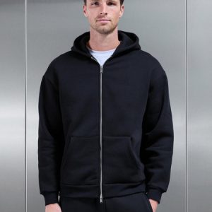 Relaxed Zip Through Hoodie in Black